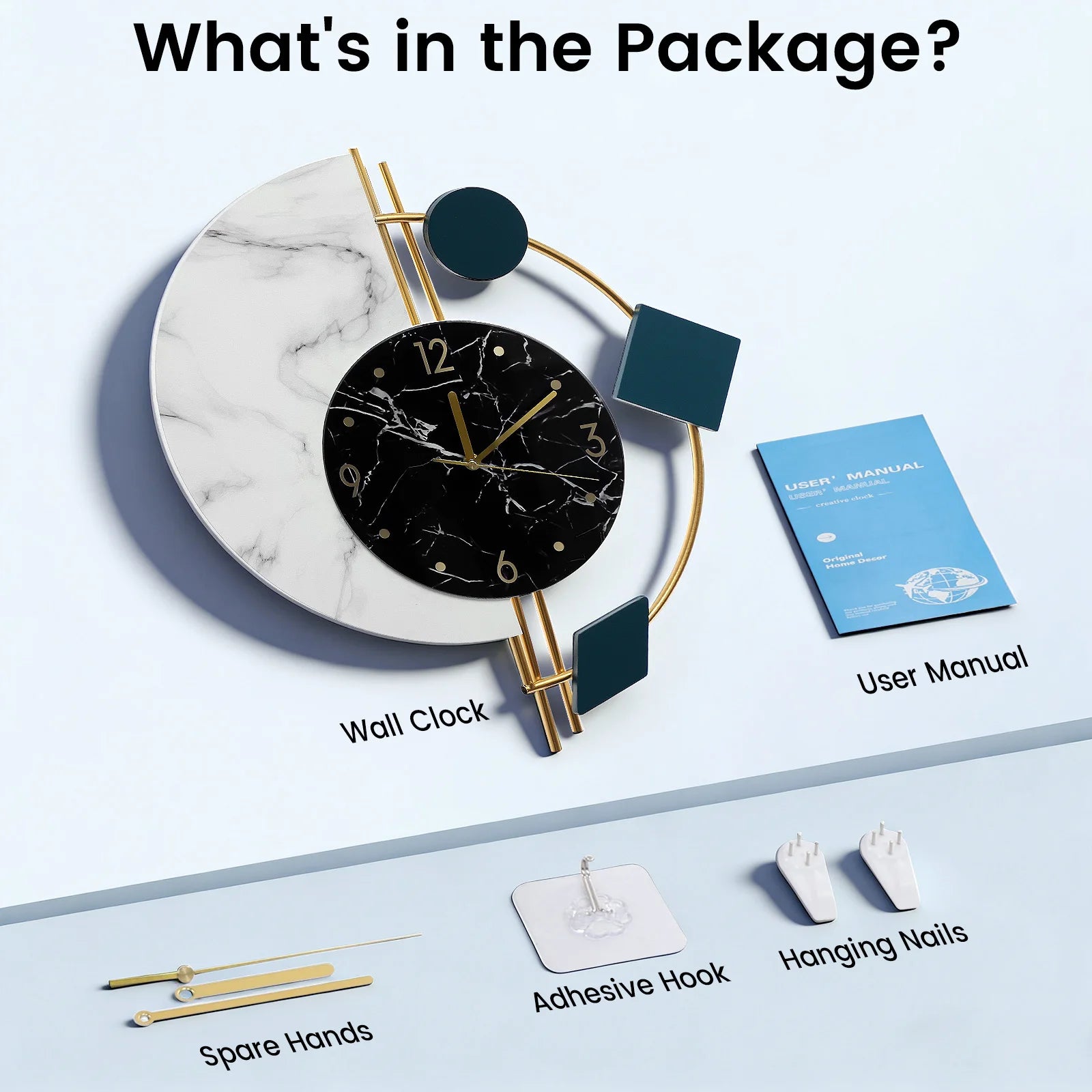 22 inch Marble Wall Clock Nordic Style Creative Luxury Wall Clock Silent Non-Ticking Silent Battery Operated Living Room Mid Century
