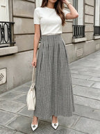 Pariaura 1960s Vintage Black And White Checkered High Waist Maxi Skirt,Summer Holiday Vacation Elegant Pleated A-Line Hem Draped French Gingham Chic Skirt