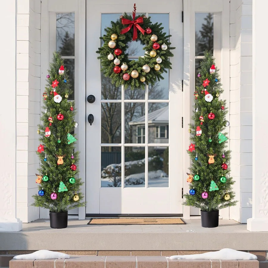 Artificial Topiary Cedar Trees 60 inch 2 Set Faux Pine Shrubs Plants Fake Silk Tree Look Real Easy Assembly for Decor Front Por