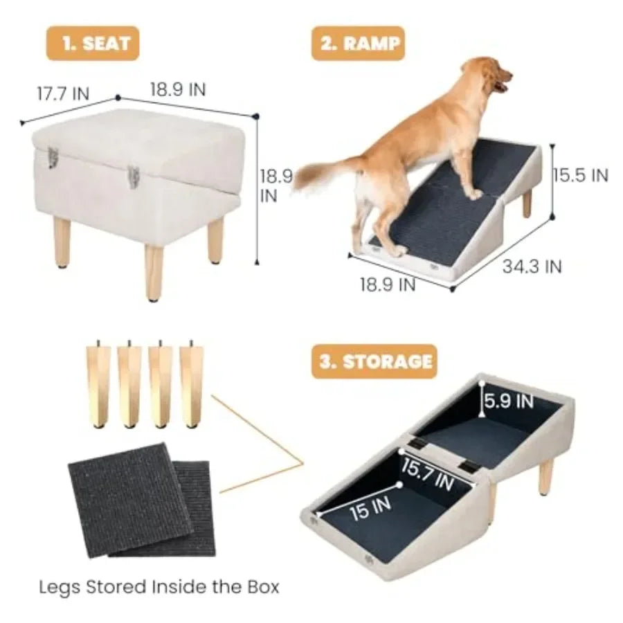 3-in-1 Dog Ramp with Storage Pet Stairs for Beds Sofas, Wood Composite, Gray, Easy on Joints for Senior Injured Pets, Anti-Slip