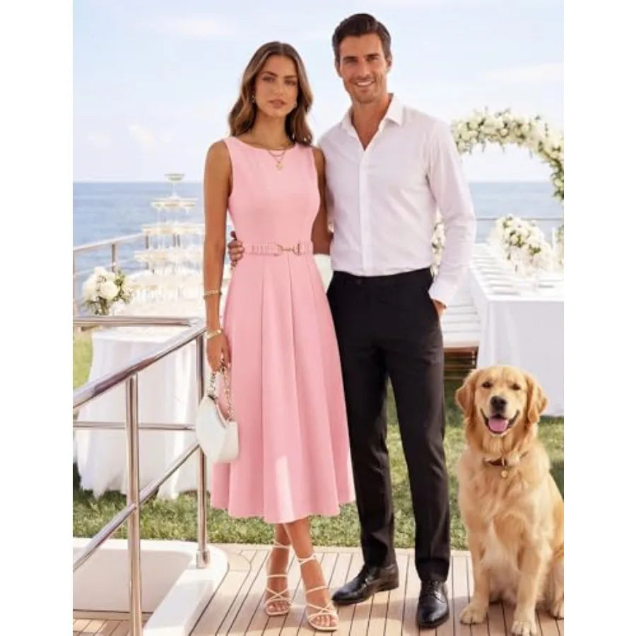 ZESICA Women Summer Sleeveless Midi Dresses 2026 Elegant Boat Neck A Line Tie Waist Spring Cocktail Party Dress