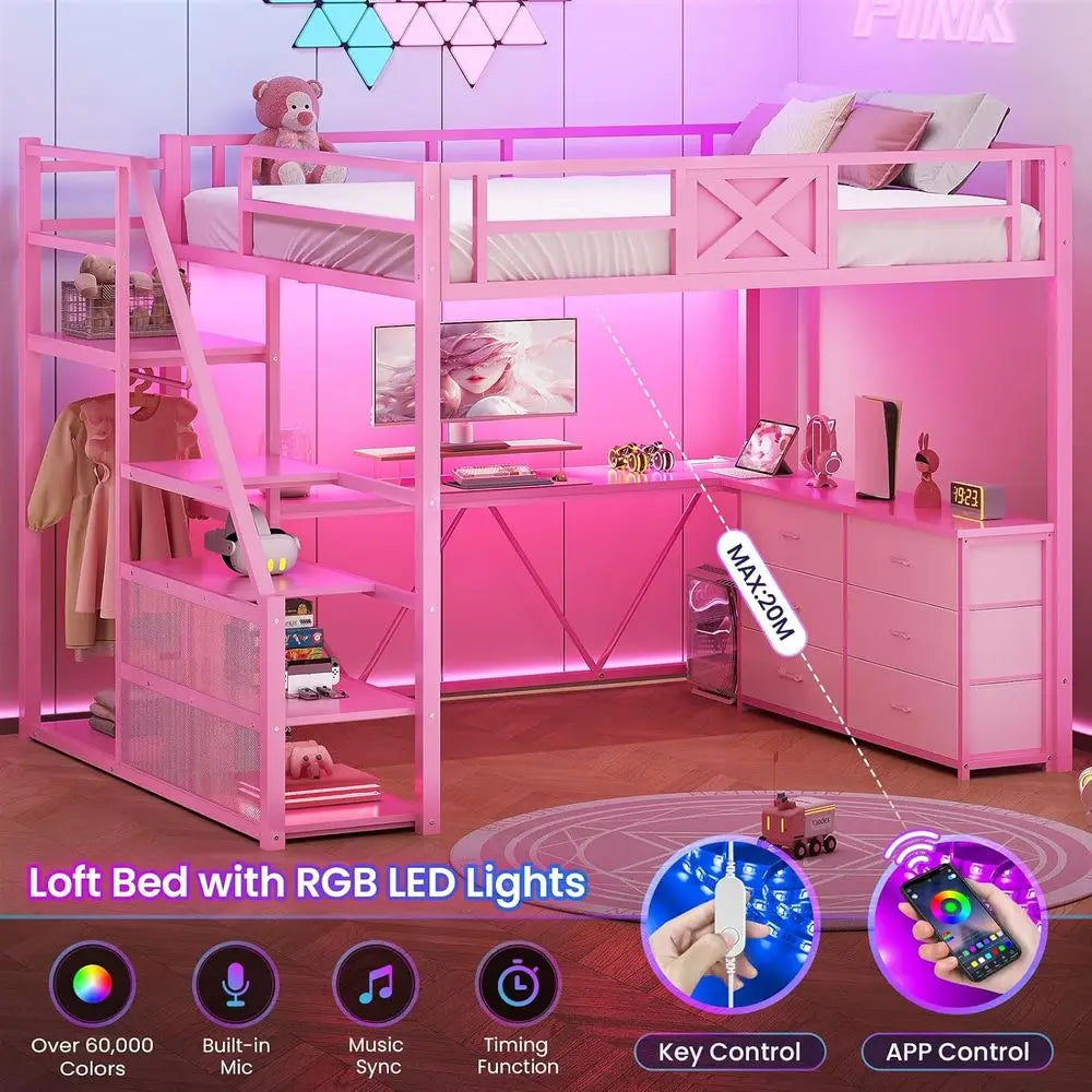 Full-Size Loft Bed with Desk, Storage Stairs, Metal Frame, Hall Tree, LED Lights, Power Outlet for Kids, Teens, Adults in Pink