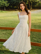 Elegant Lace Square Collar A-Line Midi Dress For Summer Wedding Guest Party