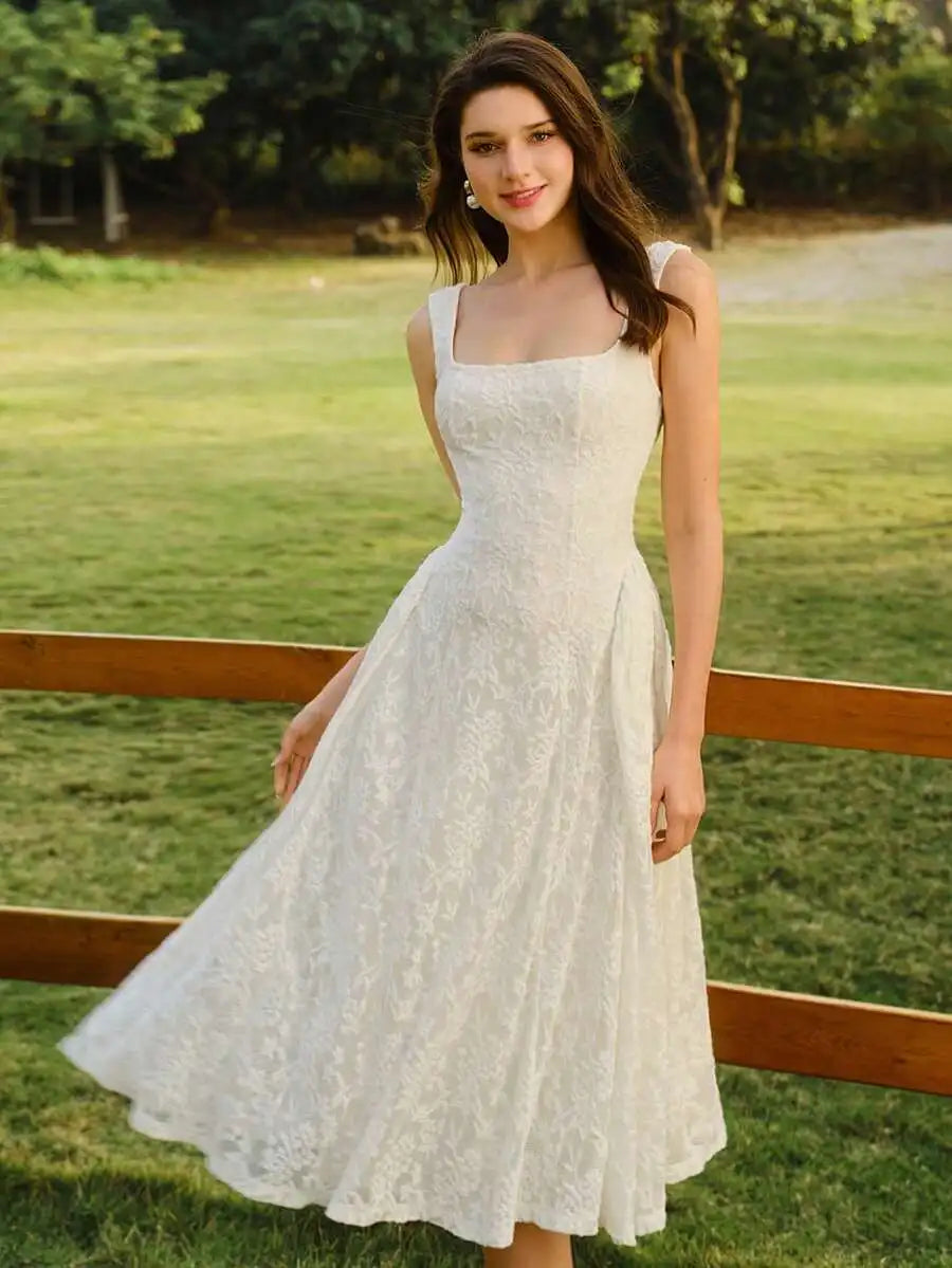 Elegant Lace Square Collar A-Line Midi Dress For Summer Wedding Guest Party