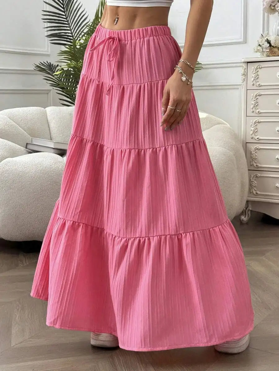 Flared Long Skirt Spring Summer Women Euro American Loose Tie Strap Splice Midi Skirt Light Soft Fabric Flowy Vacation Daily Casual Bottoms