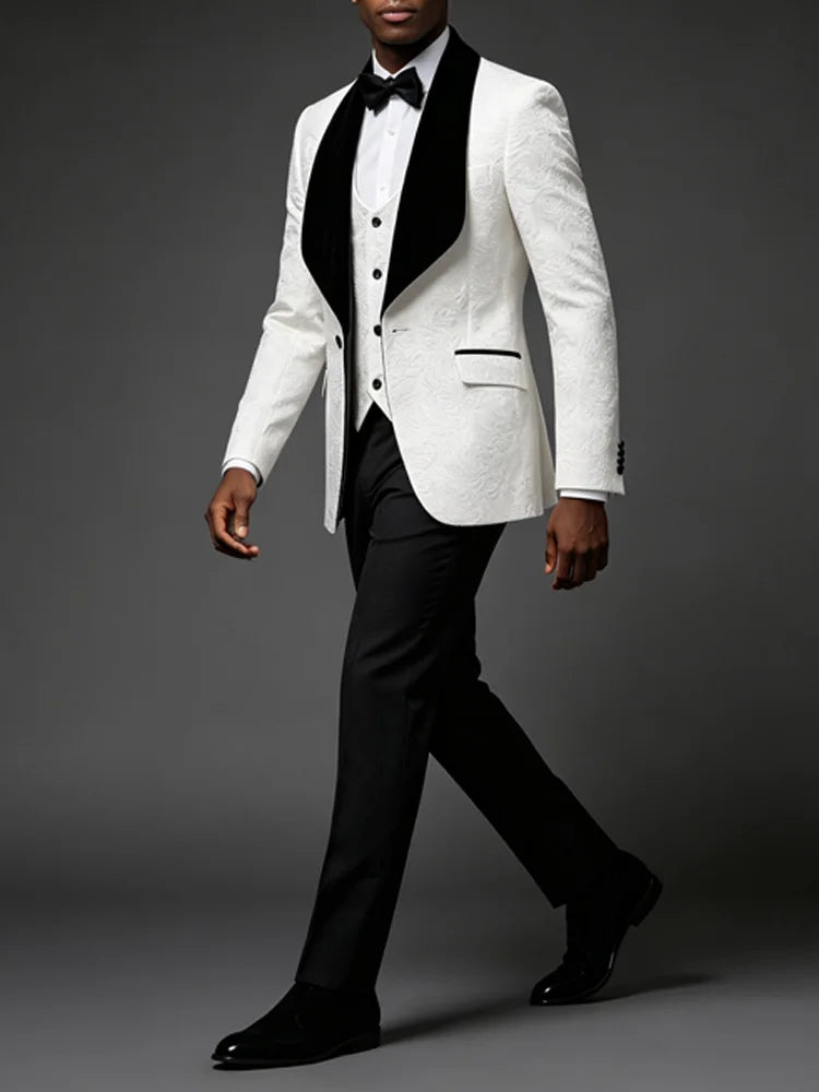 Men Light Blue Jacquard Tuxedo 3 Piece Suit Shawl Black Lapel Slim Fit Blazer Vest Pants Set Wedding Groom Prom Dinner Party Formal Mens Suit