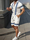 Men's Vertical Stripe Short Sleeve Button-Down Shirt And Shorts Set Summer Casual