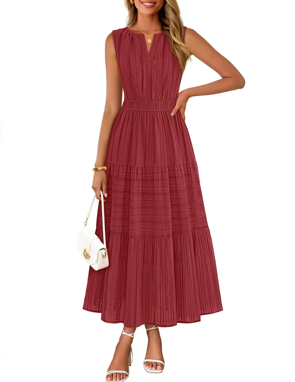 Womens Sleeveless V-Neck Boho Midi Maxi Dress With Pockets Casual Summer Beach Vacation Dress