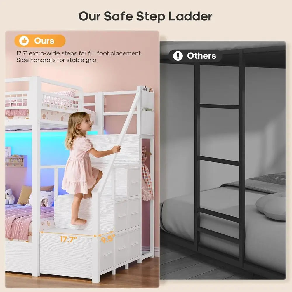 BTHST Bunk Bed Twin Over Twin with Stairs, LED Lights Twin Bunk Bed with 2 Storage Ders & 6 abric Ders, Metal Twin Lot Beds with