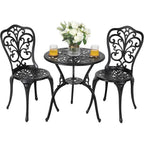 Outdoor 3-Piece All-Weather Cast Aluminum Patio Bistro Set with Umbrella Hole for Balcony and Yard, Black
