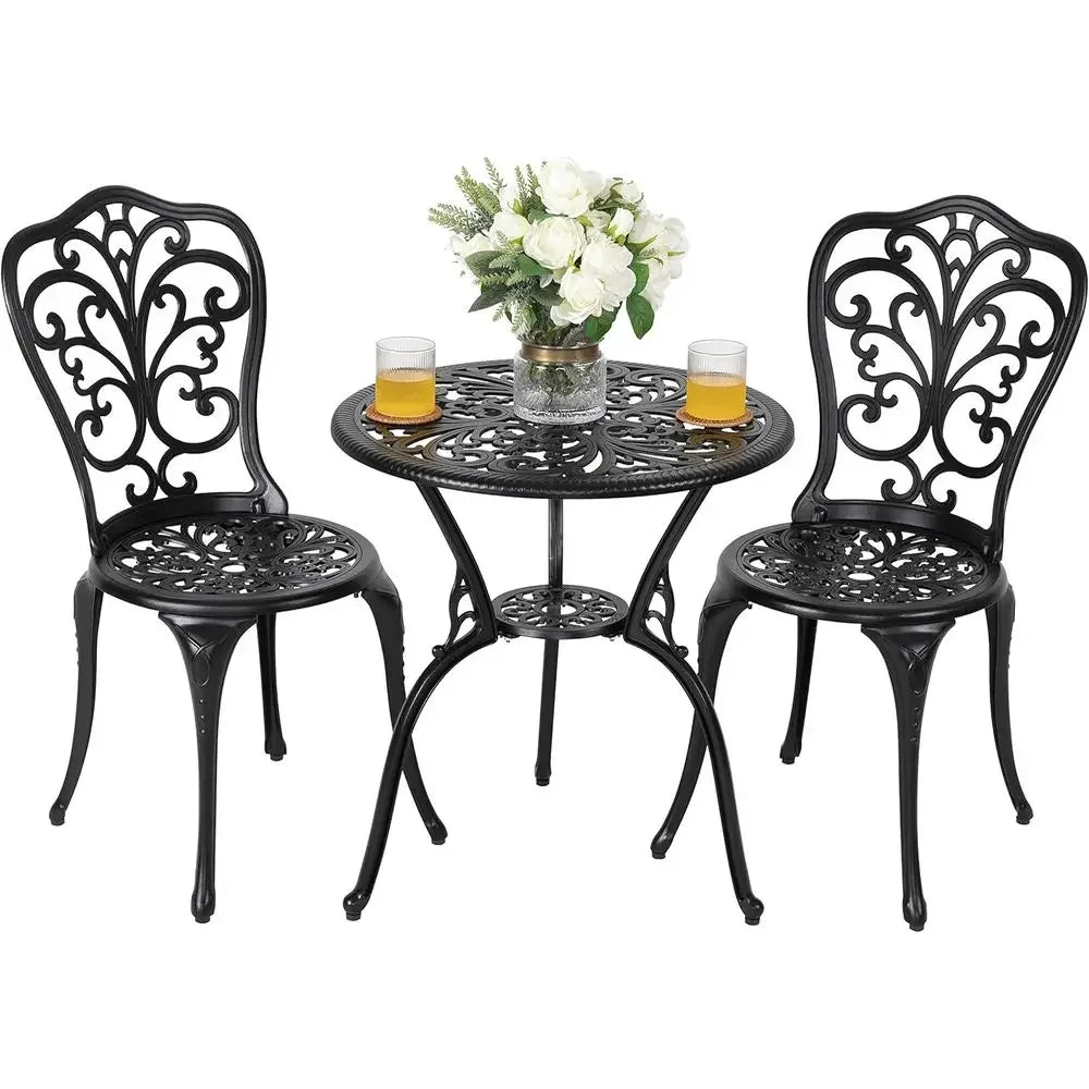 Outdoor 3-Piece All-Weather Cast Aluminum Patio Bistro Set with Umbrella Hole for Balcony and Yard, Black