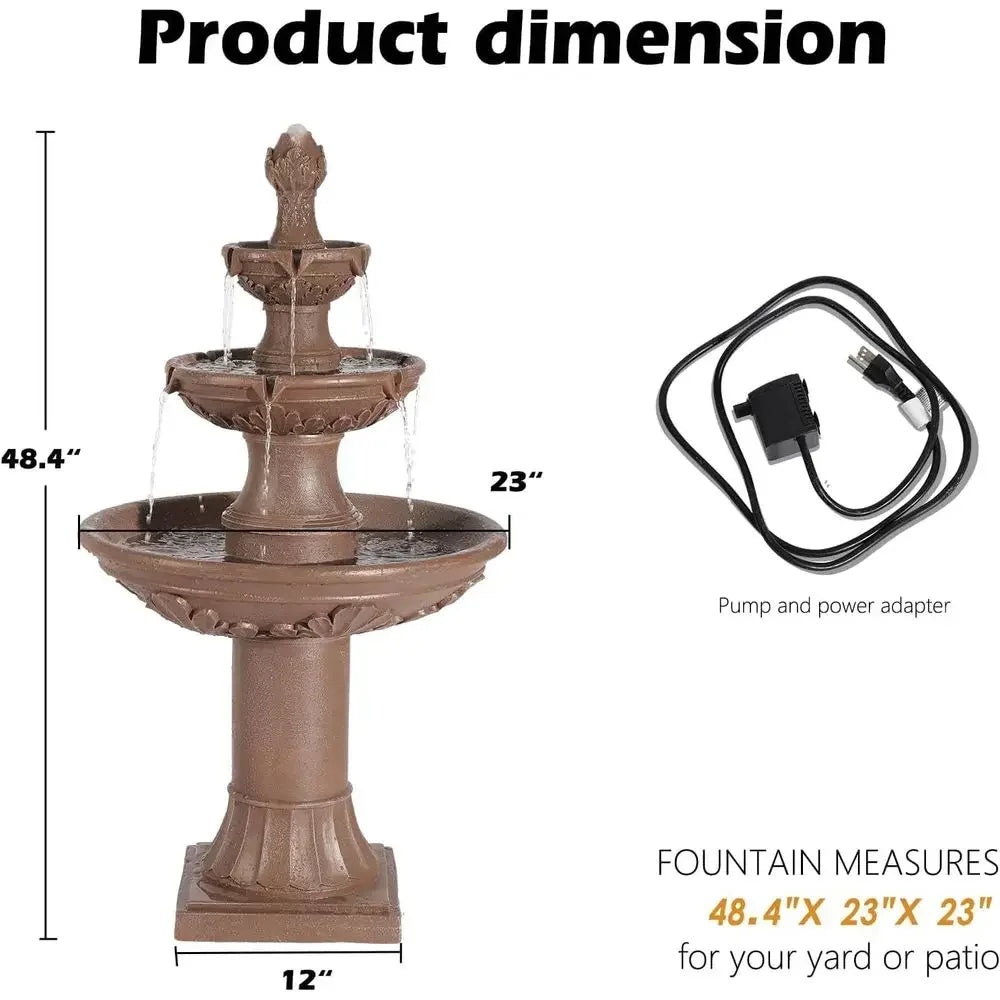 3-Tier Outdoor Waterfall Fountain with Pump and Leaf Carving for Garden, Patio, or Backyard (Brown)