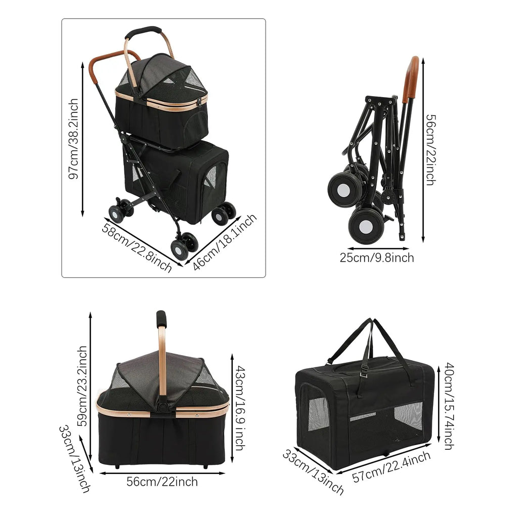 Black Two-Tier Dog and Cat Stroller, Foldable Stroller Dog Buggy Small Dogs, for Small and Medium-Sized Hu