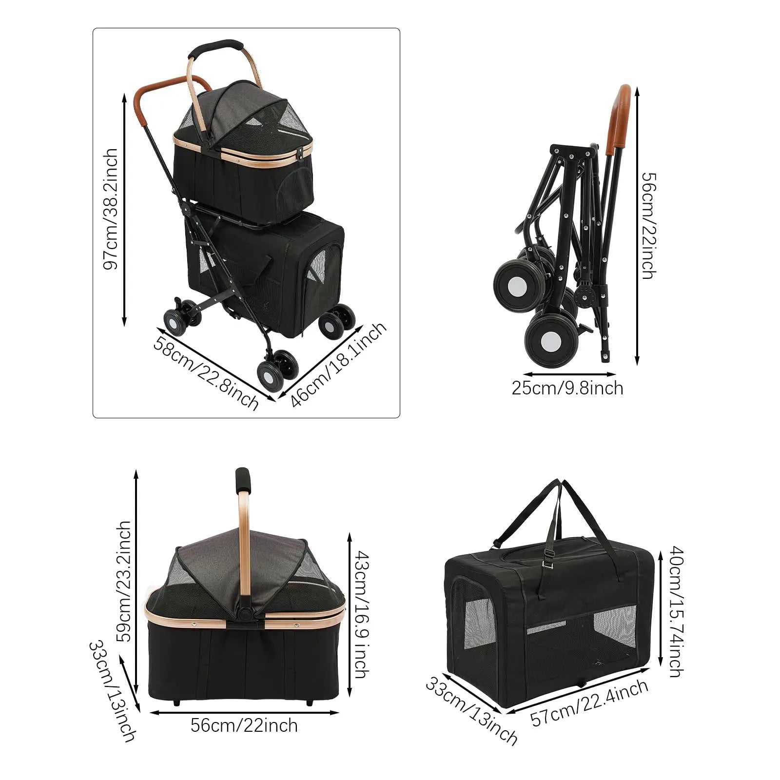 Black Two-Tier Dog and Cat Stroller, Foldable Stroller Dog Buggy Small Dogs, for Small and Medium-Sized Hu