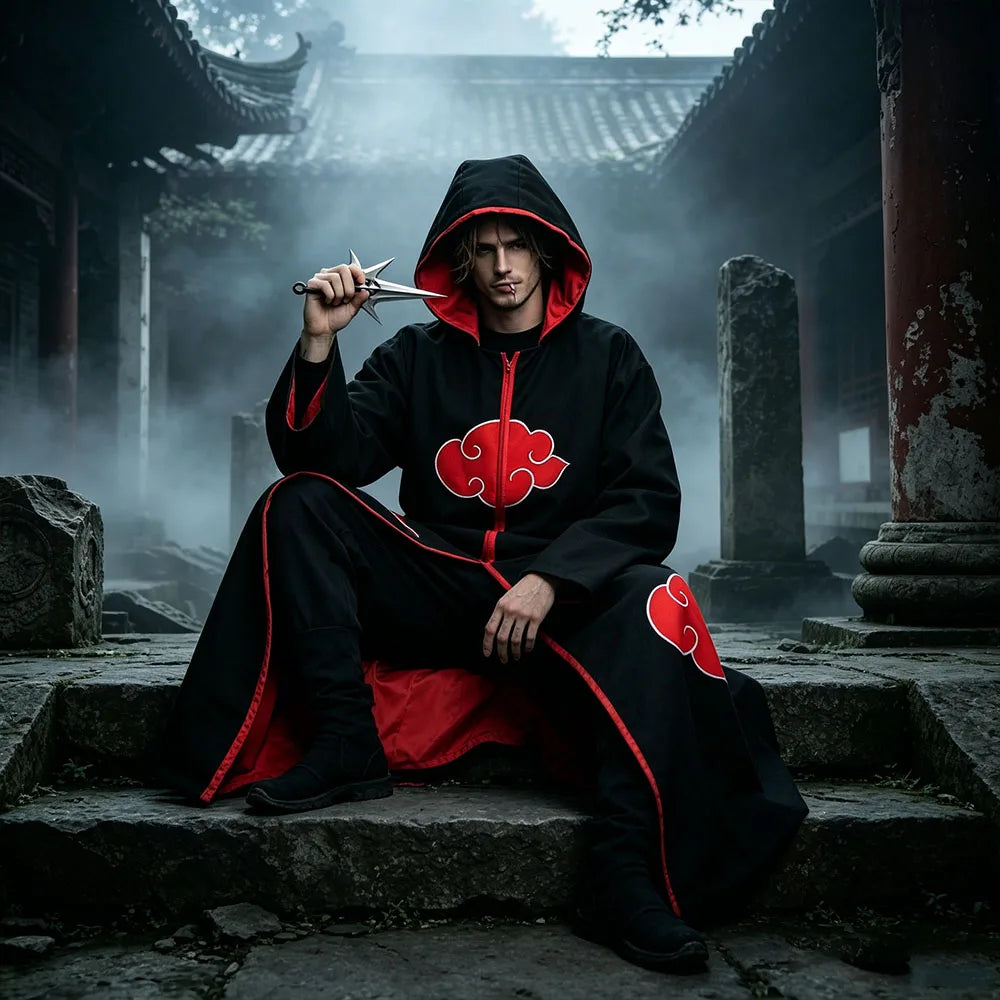 Anime Red Cloud Cosplay Cloak Black Long Robe Hood Stand Collar Halloween Carnival Party Stage Performance Costume for Men Women