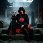 Anime Red Cloud Cosplay Cloak Black Long Robe Hood Stand Collar Halloween Carnival Party Stage Performance Costume for Men Women