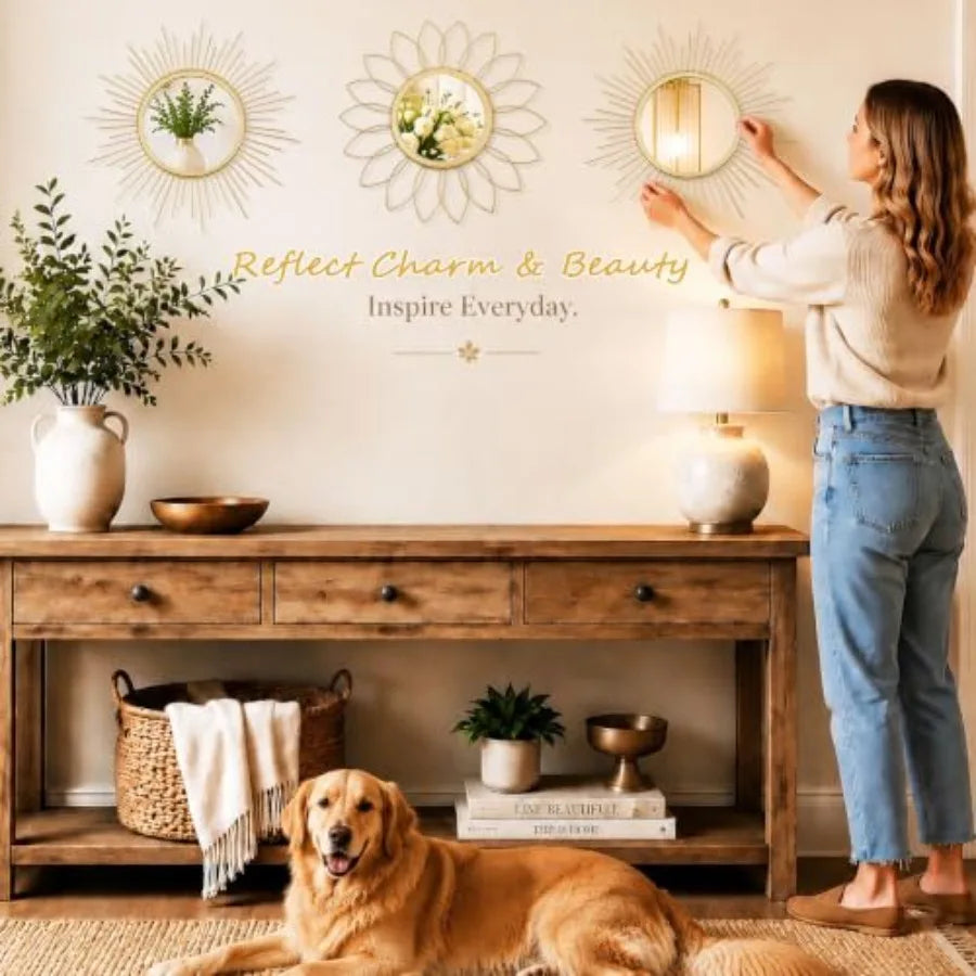 3 Pack Metal Mirrors for Wall Sunburst Wall Mirrors Home Décor Decorative Hanging Wall Art for Living Room Bedroom Entryway Gol