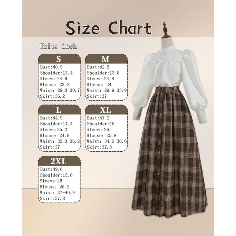 Victorian Dress for Women 2-Pieces Edwardian Dress 1800s Costume Plaid Maxi Skirt