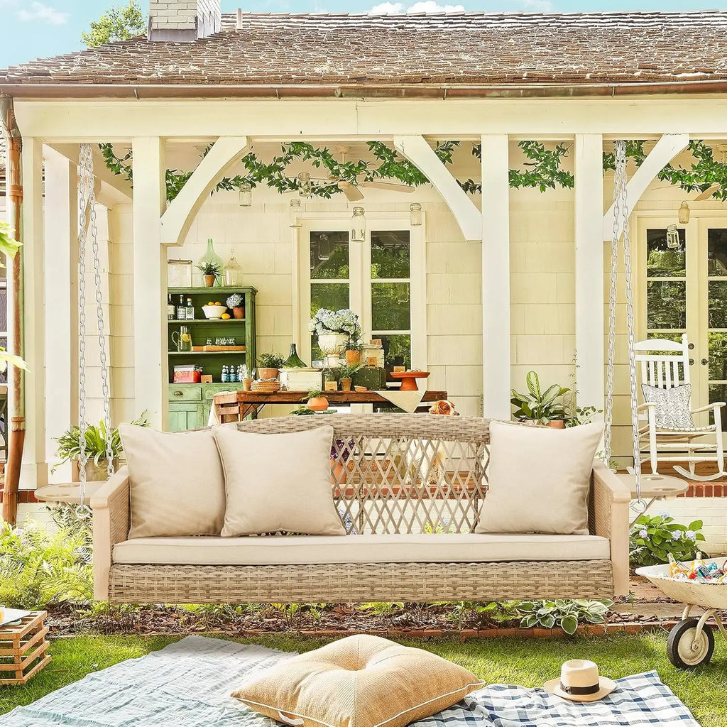 Deck Garden Backyard Porch Swing, 3-Person Wicker, Beige, Upgraded Cup Holder, 900lbs Capacity Chains