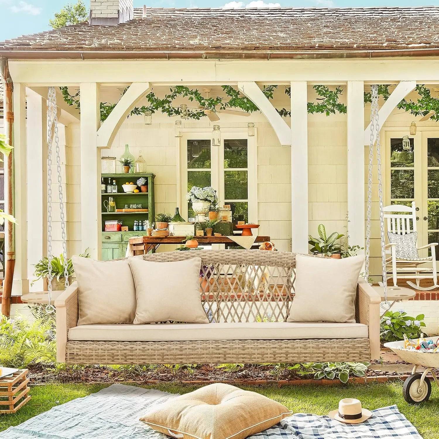 Deck Garden Backyard Porch Swing, 3-Person Wicker, Beige, Upgraded Cup Holder, 900lbs Capacity Chains