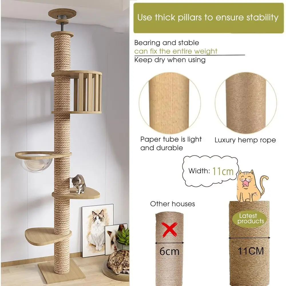 Adjustable Height Cat Tree (95-108in) with 4.33in Wide Scratching Post, Hammock, and Sisal Rope - Supports Up to 110 lbs