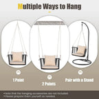1-Person Outdoor Hanging Porch Swing with Cushions, Rattan Backrest, Metal Frame, 2 Ropes, Up to 400 lbs, Beige