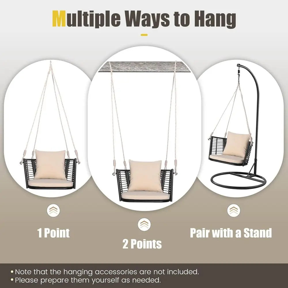 1-Person Outdoor Hanging Porch Swing with Cushions, Rattan Backrest, Metal Frame, 2 Ropes, Up to 400 lbs, Beige