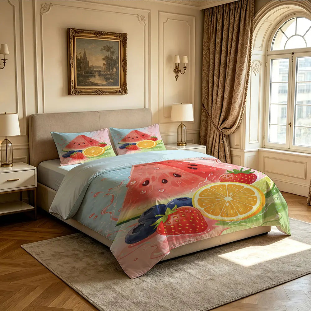 3pcs Summer watermelon fruit Print Coreless Duvet Cover Set Multiple Sizes Soft Comfortable Bedding Decoration Machine Washable