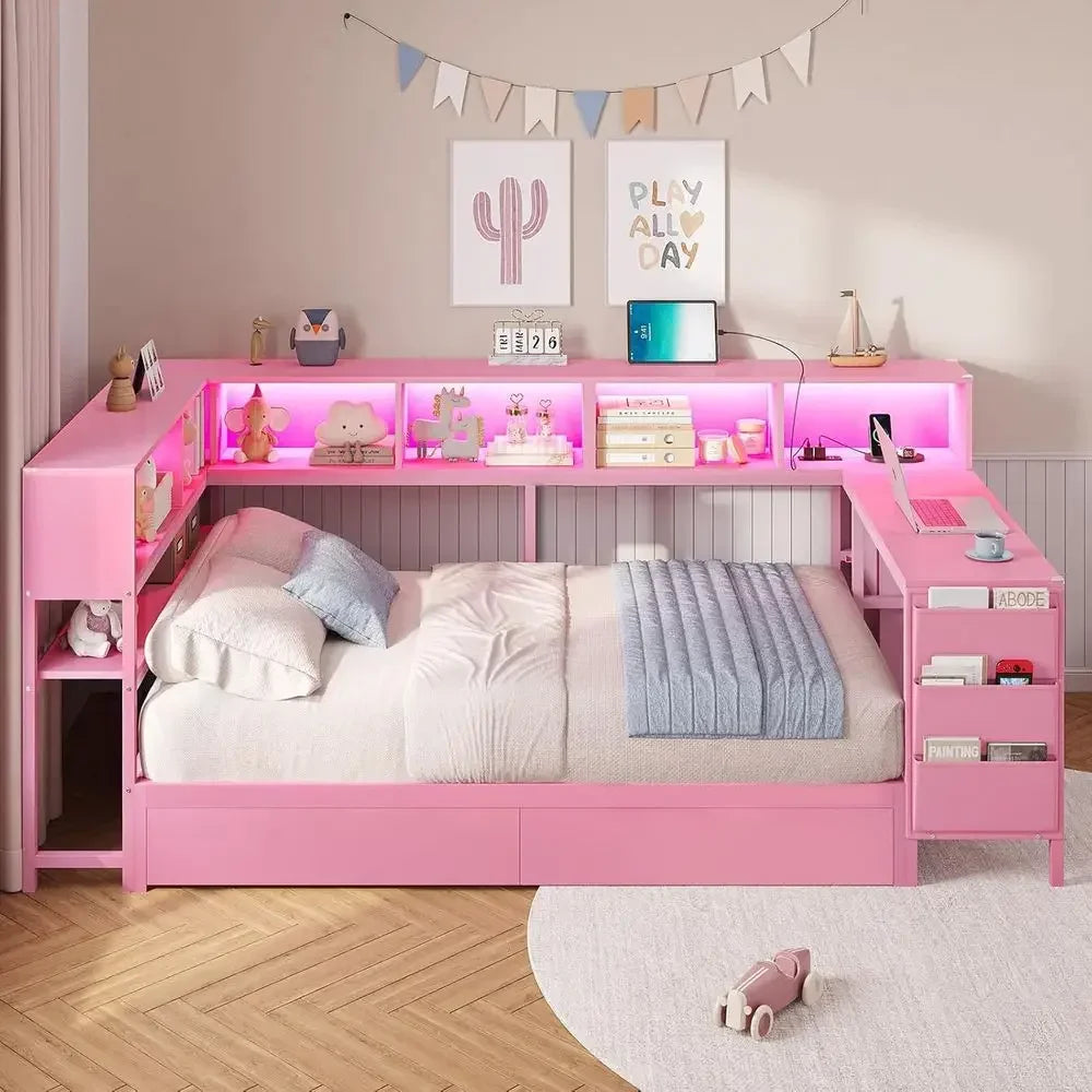 Twin Bed with Desk, Charging Station, Bookcase, and LED Lights for Girls - Storage Daybed, No Box Spring Needed