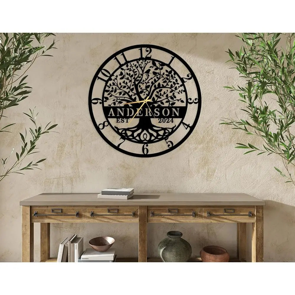 Custom Engraved Family Tree Metal Wall Clock - Personalized Name Wall Art, Large Home Decor for Housewarming or Wedding Gifts