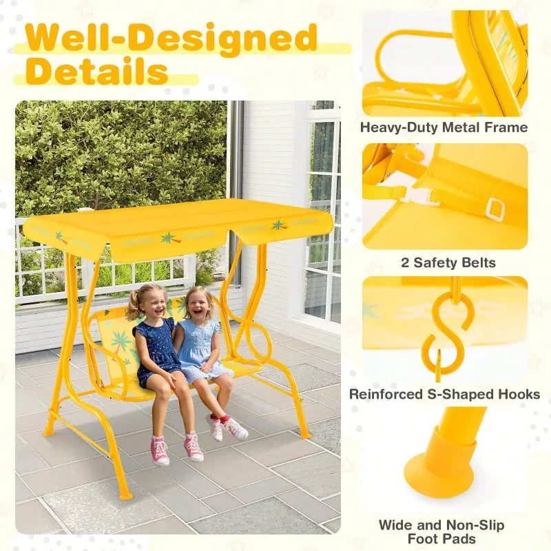 2-Seater Porch Swing Chair With Metal Stand Adjustable Canopy Outdoor Furniture
