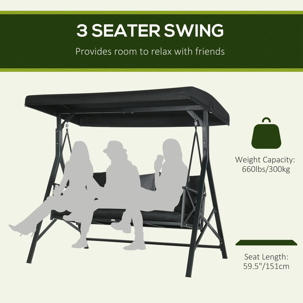 3-Seat Porch Swing Outdoor Swing Adjustable Canopy Cushion Black
