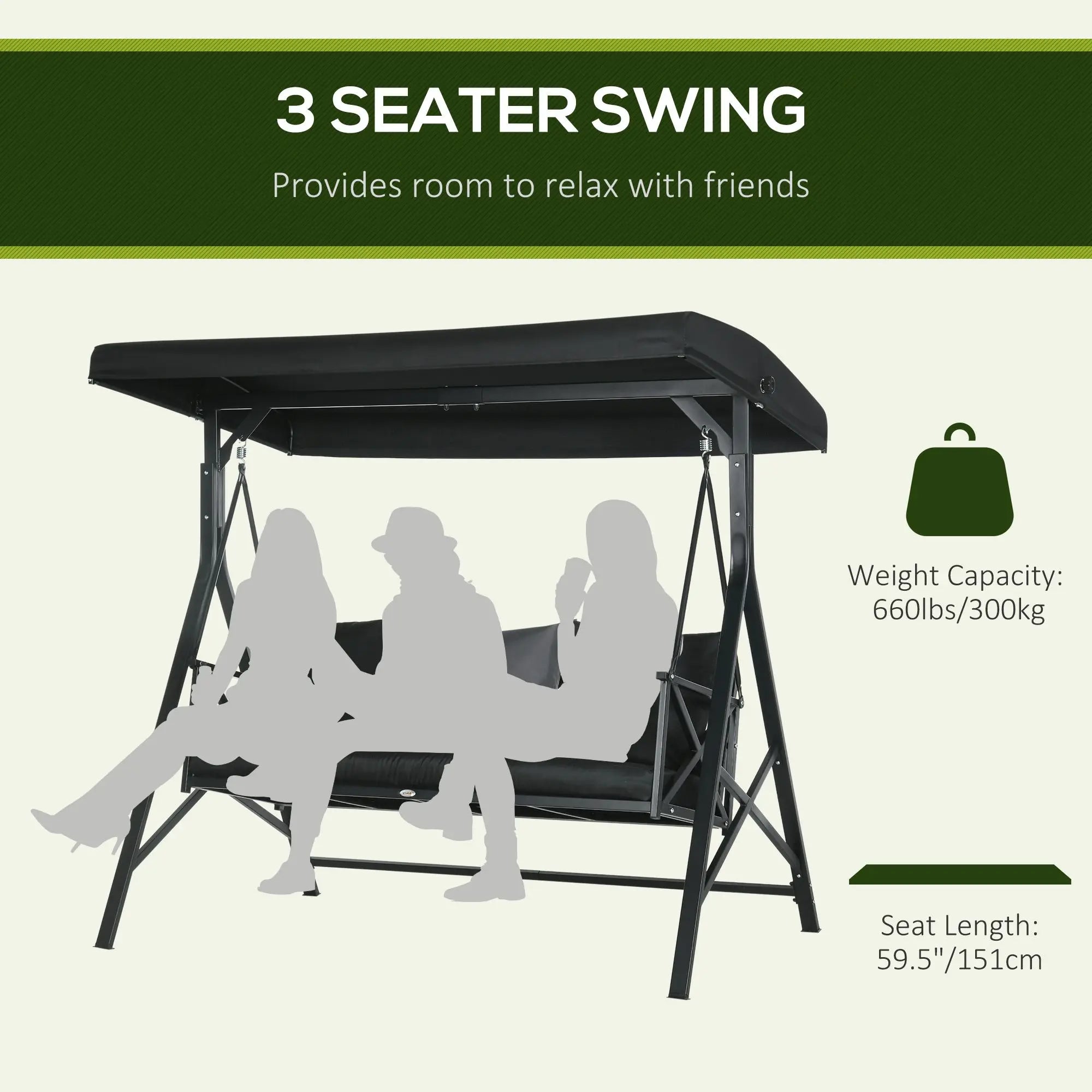 3-Seat Porch Swing Outdoor Swing Adjustable Canopy Cushion Black