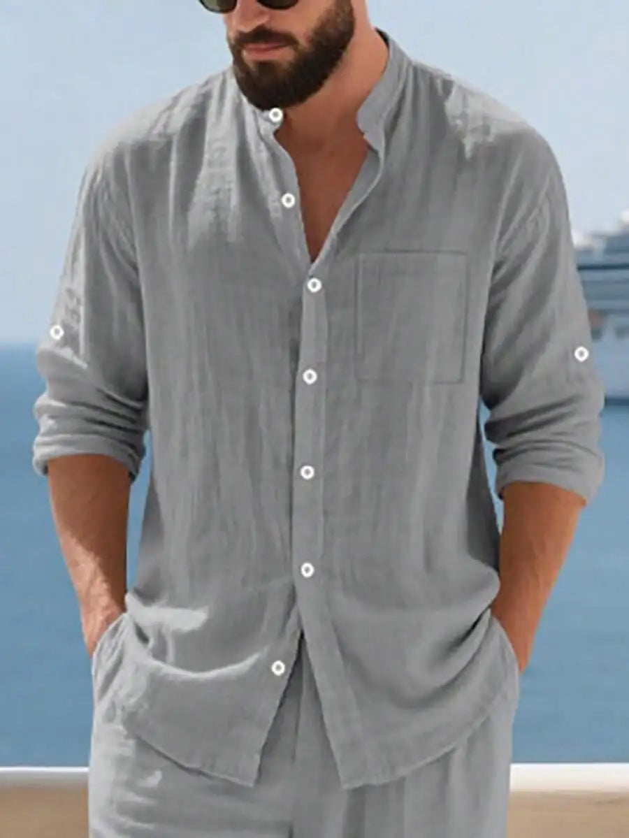 Mens Linen Stand Collar Long Sleeve Button-Up Shirt Loose Breathable Casual Beach Vacation Wear