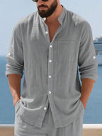 Mens Linen Stand Collar Long Sleeve Button-Up Shirt Loose Breathable Casual Beach Vacation Wear