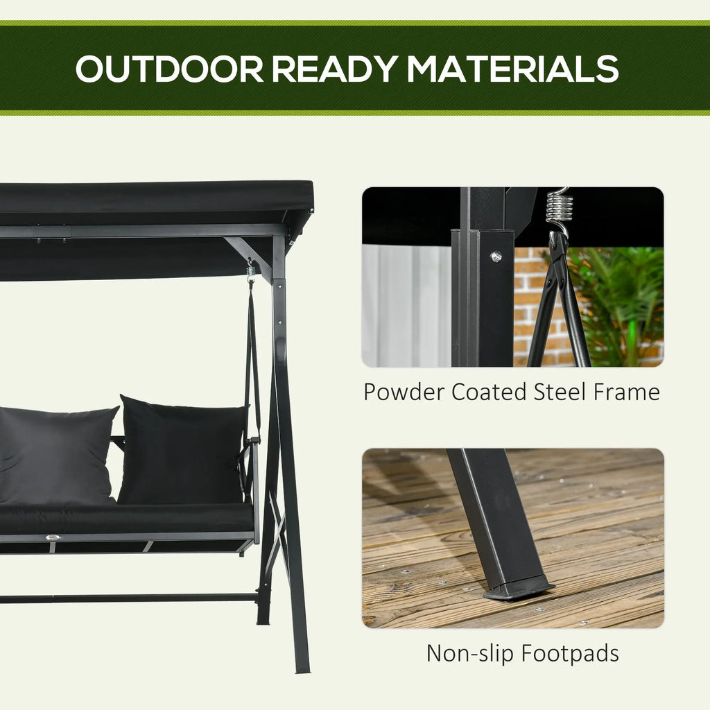 3-Seat Porch Swing Outdoor Swing Adjustable Canopy Cushion Black