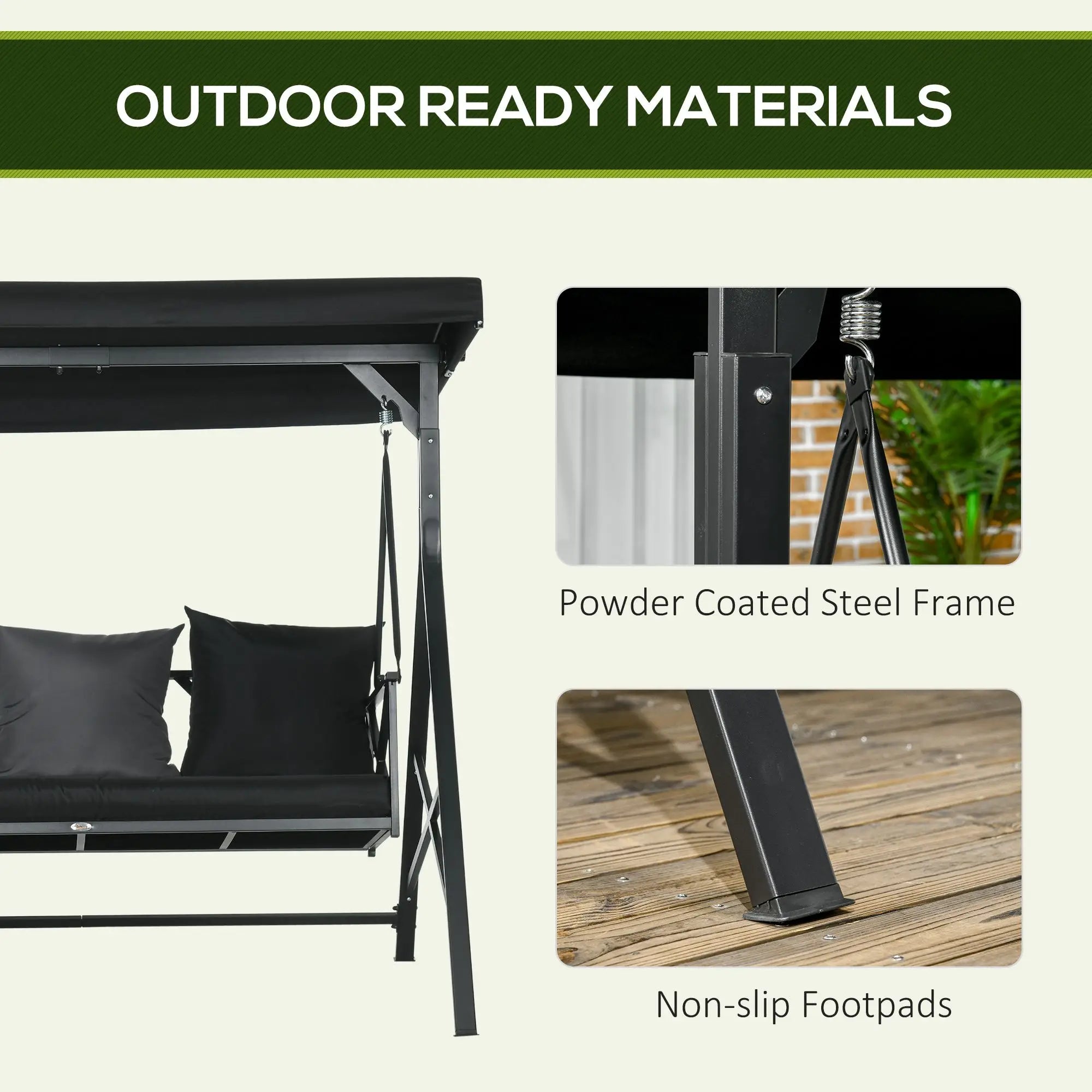 3-Seat Porch Swing Outdoor Swing Adjustable Canopy Cushion Black