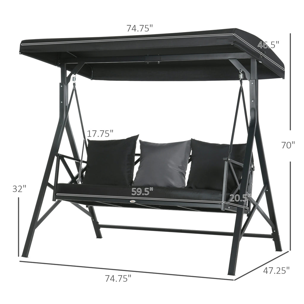 3-Seat Porch Swing Outdoor Swing Adjustable Canopy Cushion Black