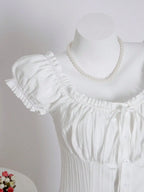 Womens Summer Solid White Ruffle Short Sleeve Blouse