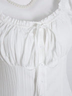 Womens Summer Solid White Ruffle Short Sleeve Blouse