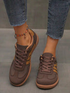 Womens Pink Casual Flat Sneakers With White Stripes Comfortable Lace-Up Shoes For Spring Summer