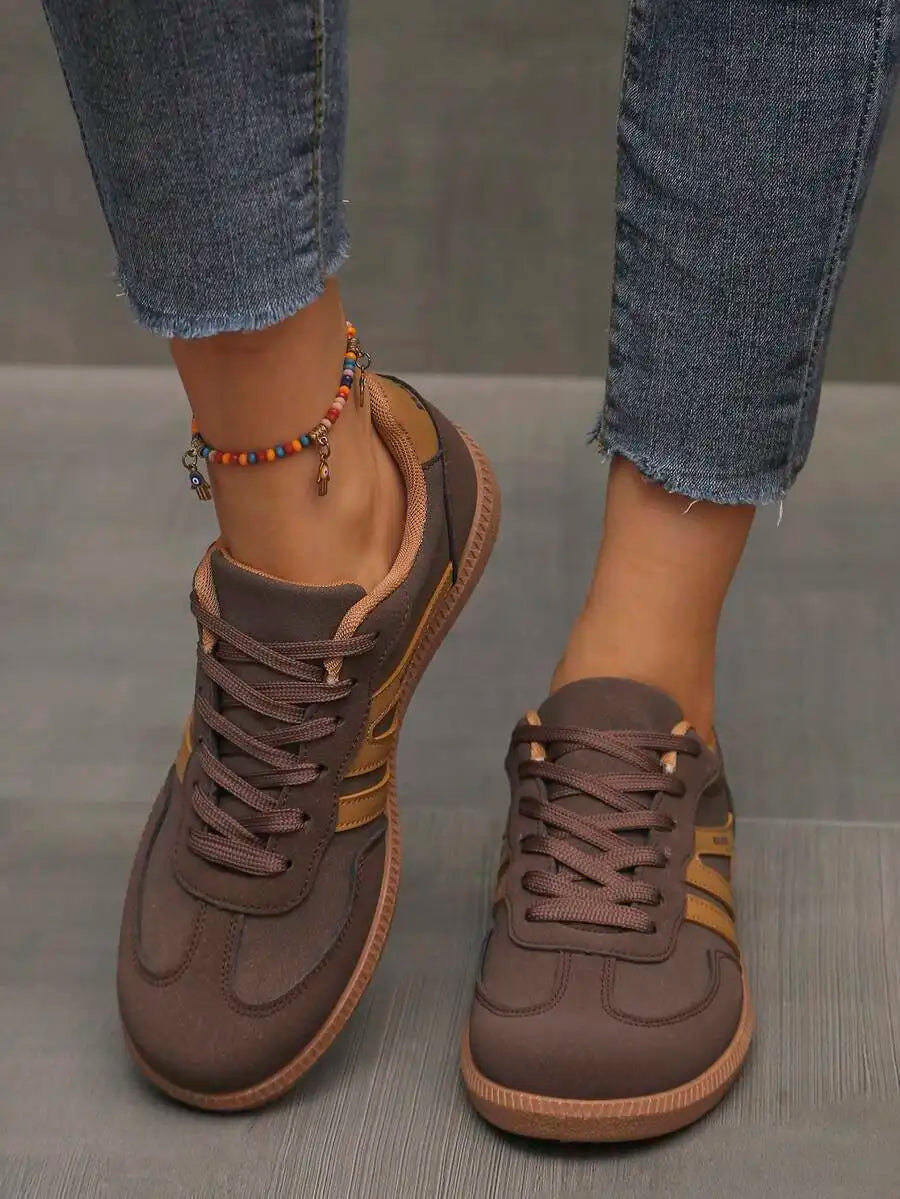 Womens Pink Casual Flat Sneakers With White Stripes Comfortable Lace-Up Shoes For Spring Summer