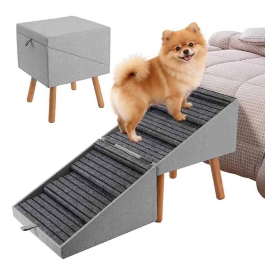 Dog Ramp for Bed Couch: Wooden, Brown, Foldable 2-in-1 Split Ottoman Design with No-Slip Surface for Large/Medium/Small Dogs