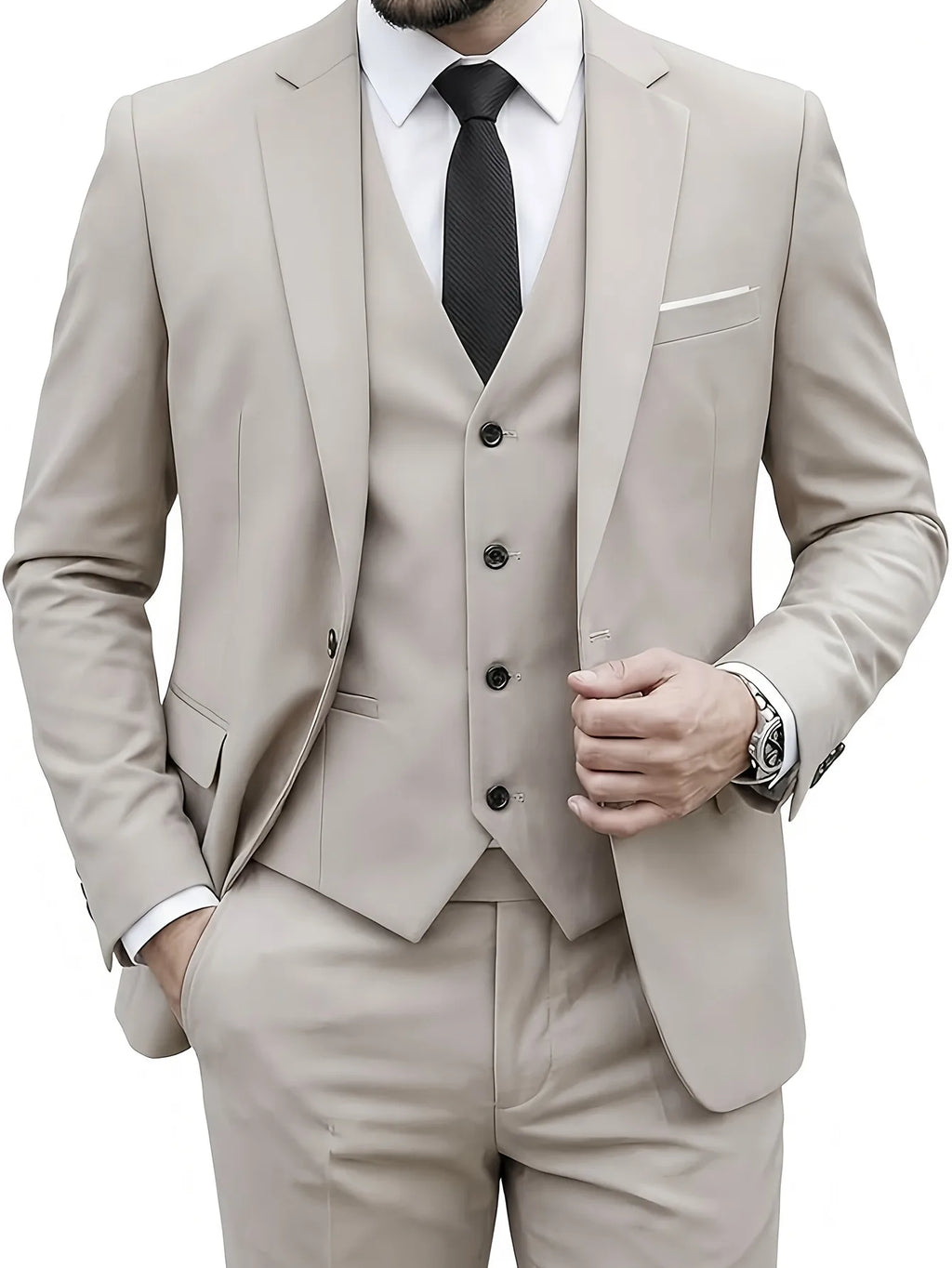 Men'S Wedding Best Man Dress Suit | New Business Casual Suit Set, Regular Fit, Lapel Collar, Solid Color, Button Details