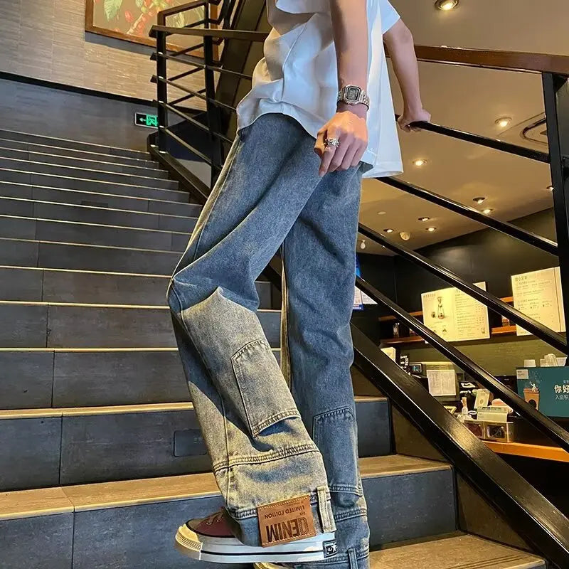 Men's Light Vintage Wash Baggy Wide Leg Jeans Knee Patch Detail Street Style Loose Fit Daily Casual Going Out Hip Hop Denim Trousers