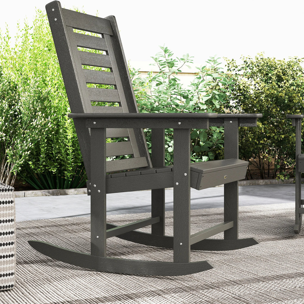 2 Outdoor Rocking Chairs, HDPE High Back Patio Rockers, Dark Gray