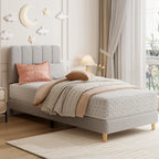 Upholstered Platform Bed Frame With Wave Headboard For Girls And Kids Sturdy Wooden Slats No Box Spring Needed Easy Assembly Twin XL Size Lambswool Light Gray
