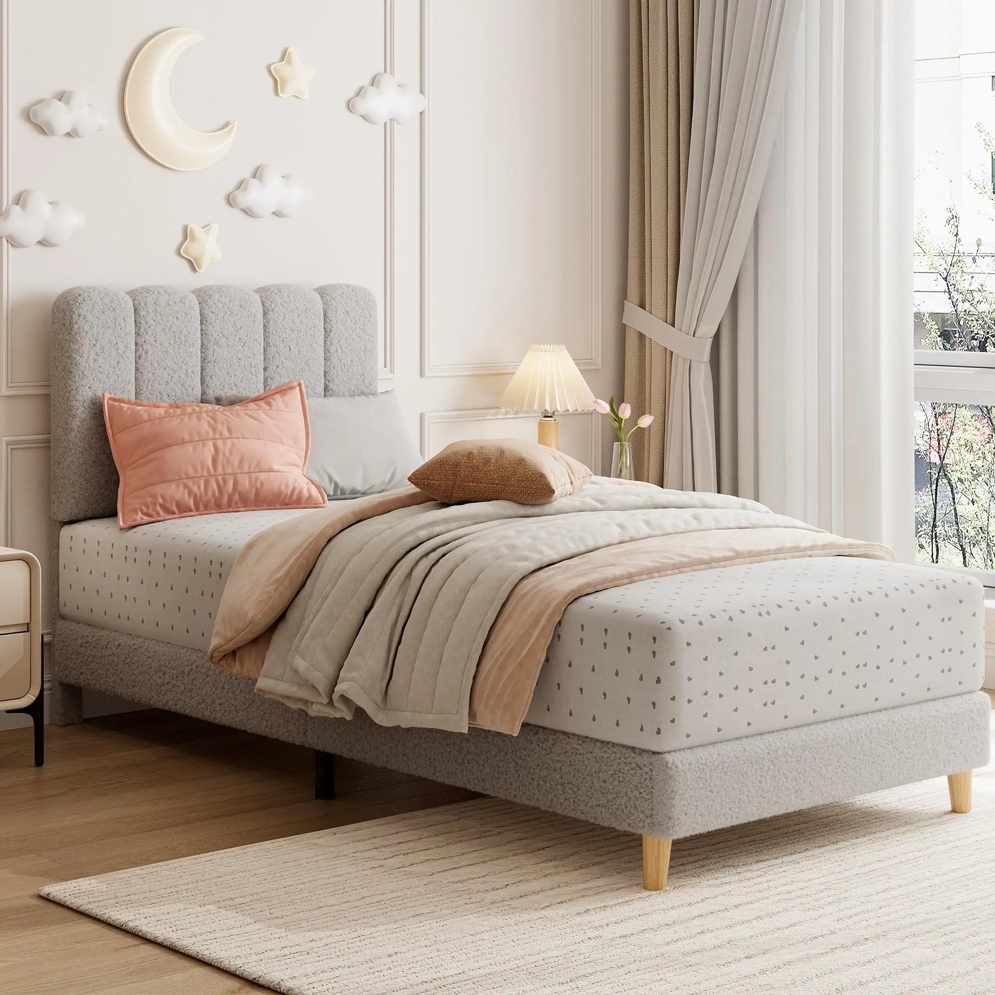 Upholstered Platform Bed Frame With Wave Headboard For Girls And Kids Sturdy Wooden Slats No Box Spring Needed Easy Assembly Twin XL Size Lambswool Light Gray