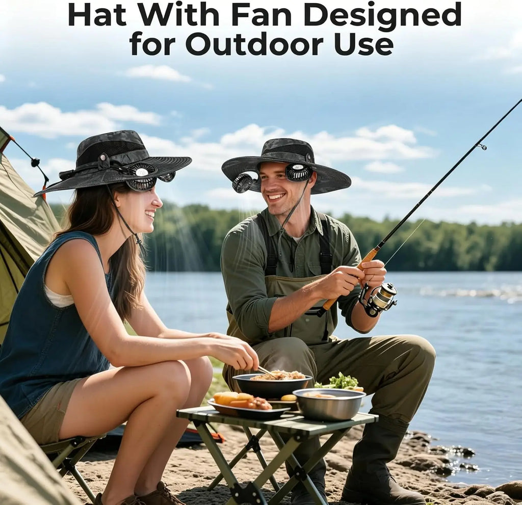 Unisex Rechargeable Hands Free Fan Bucket Hat UPF 50+ Waterproof Breathable Wide Brim Sun Hat Long Lasting Battery For Fishing Beach Gardening Safari
