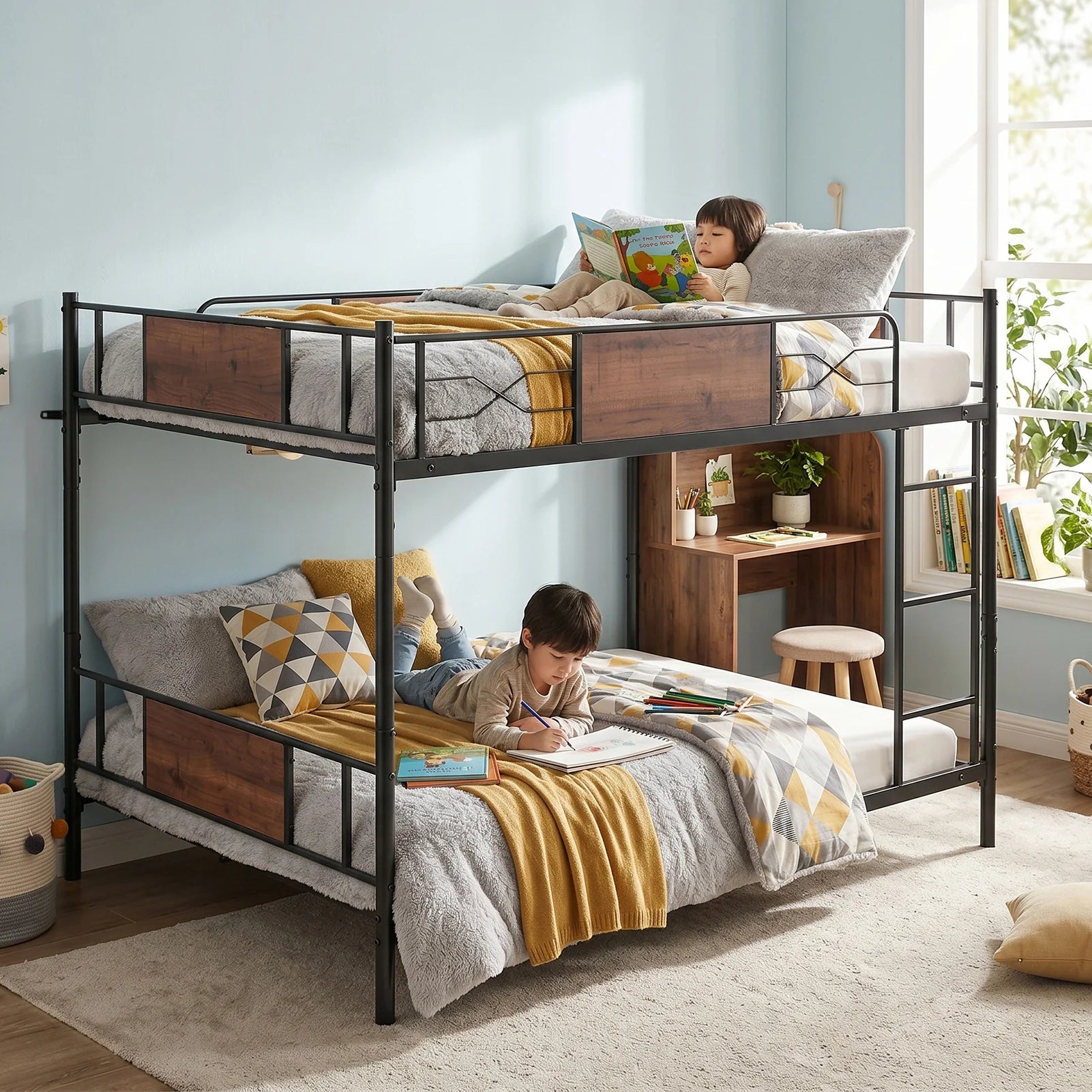 Full Over Full Bunk Bed Detachable Metal Bunk Bed Frame with Higher Guardrail Ladder Under Bed Storage for Dormitory Kids' Room